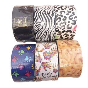 6 Duck Tape Roll Set Army, Zebra, Cheetah, Dog Prints, Stick Together, Macaroni